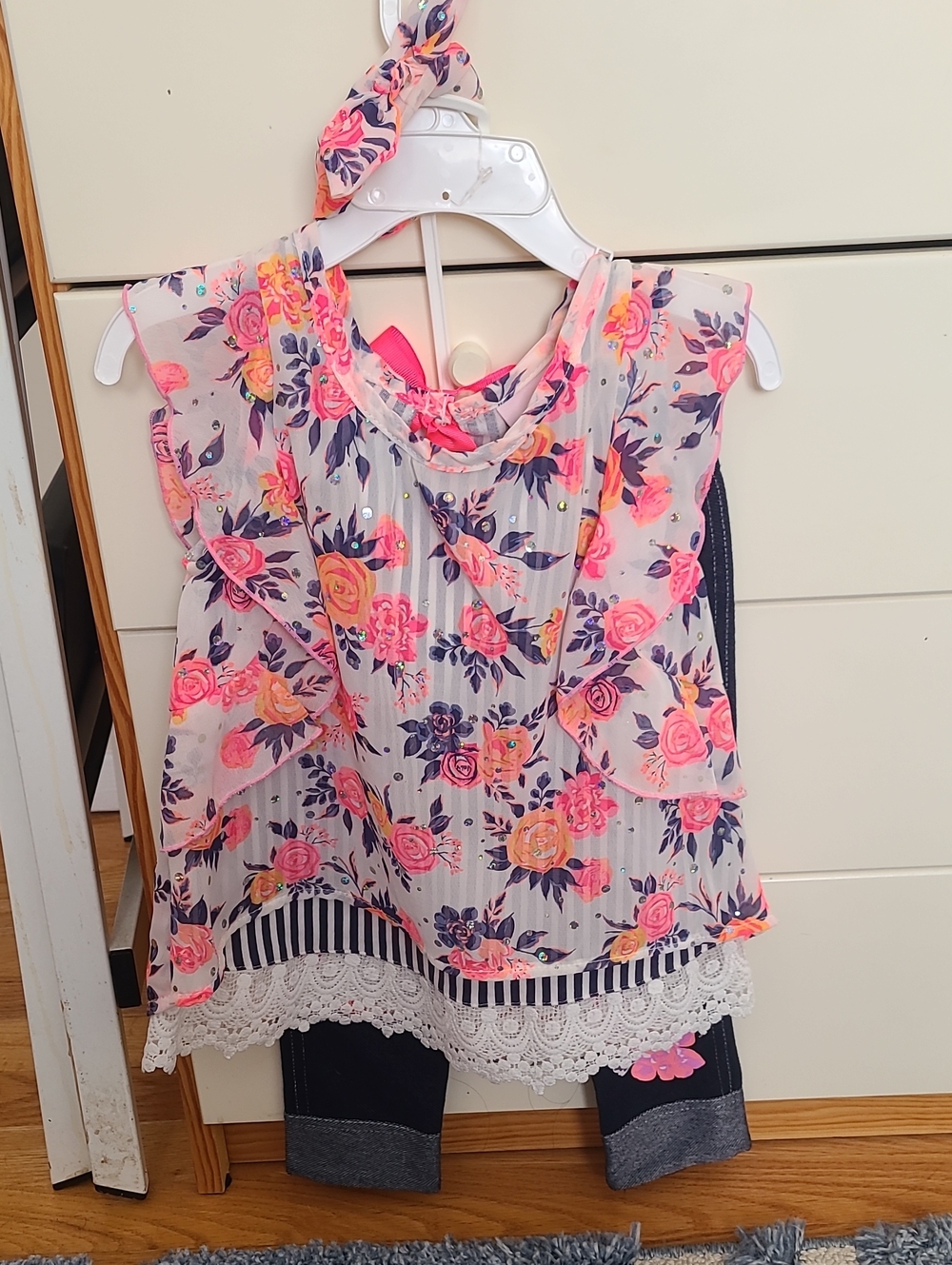 Little Lass Pink Floral Layered Halter Top with Navy Trim